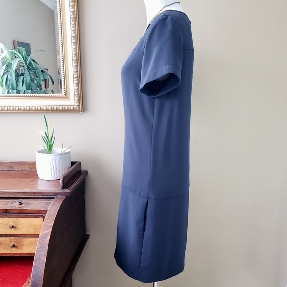Theory Eliora Shift Dress in Maritime Navy Blue Madera Crepe Short Sleeve 12 - Picture 9 of 13